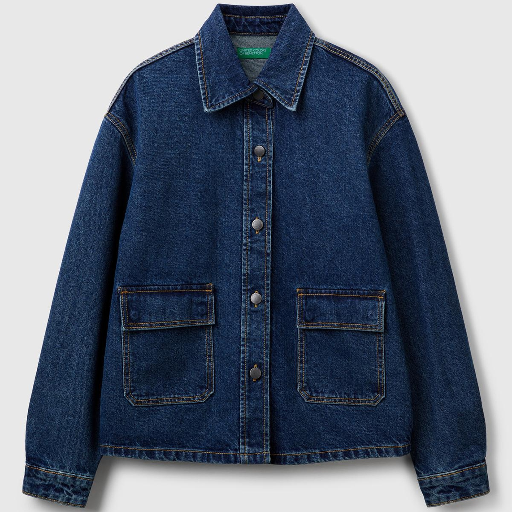 Kadın Koyu Mavi %100 Pamuk Cepli Düğmeli Oversize Denim Ceket