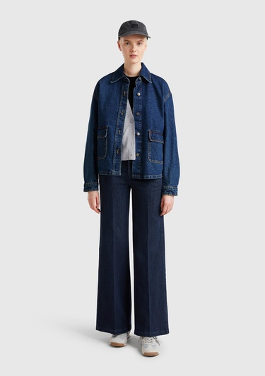  Kadın Koyu Mavi %100 Pamuk Cepli Düğmeli Oversize Denim Ceket
