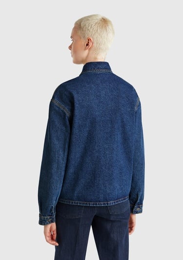  Kadın Koyu Mavi %100 Pamuk Cepli Düğmeli Oversize Denim Ceket