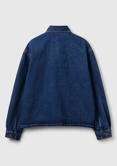  Kadın Koyu Mavi %100 Pamuk Cepli Düğmeli Oversize Denim Ceket