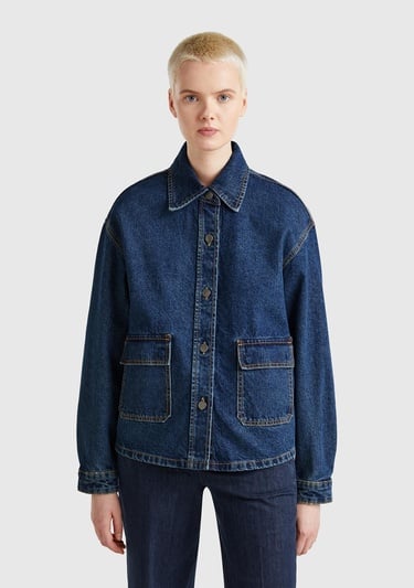  Kadın Koyu Mavi %100 Pamuk Cepli Düğmeli Oversize Denim Ceket