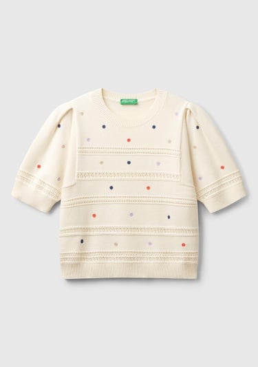  Kadın Krem %100 Pamuk Desenli Yarım Kol Regular Fit Bisiklet Yaka Kazak