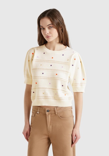  Kadın Krem %100 Pamuk Desenli Yarım Kol Regular Fit Bisiklet Yaka Kazak