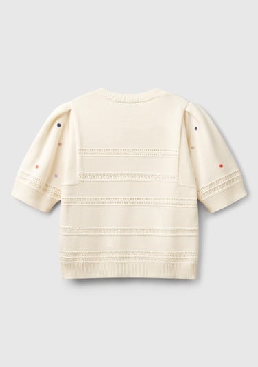  Kadın Krem %100 Pamuk Desenli Yarım Kol Regular Fit Bisiklet Yaka Kazak