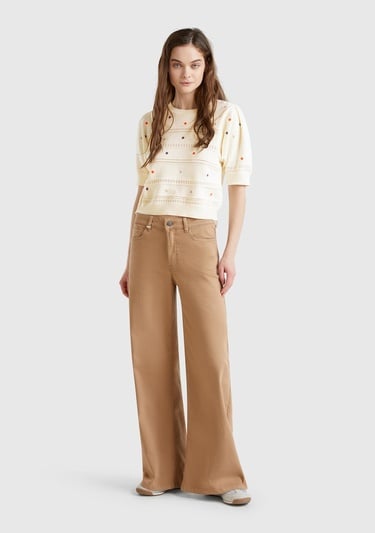  Kadın Krem %100 Pamuk Desenli Yarım Kol Regular Fit Bisiklet Yaka Kazak