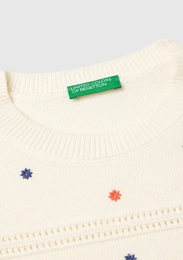  Kadın Krem %100 Pamuk Desenli Yarım Kol Regular Fit Bisiklet Yaka Kazak