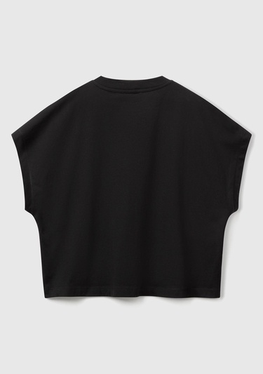  Kadın Siyah %100 Pamuk Kimono Kollu Bisiklet Yaka T-Shirt