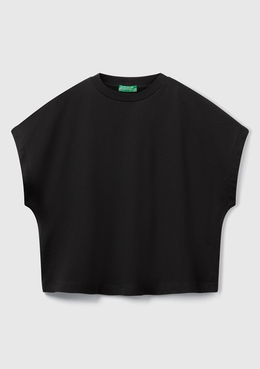  Kadın Siyah %100 Pamuk Kimono Kollu Bisiklet Yaka T-Shirt