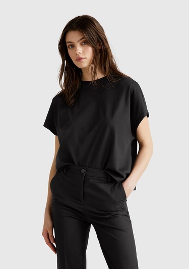  Kadın Siyah %100 Pamuk Kimono Kollu Bisiklet Yaka T-Shirt