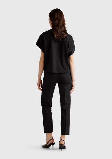  Kadın Siyah %100 Pamuk Kimono Kollu Bisiklet Yaka T-Shirt