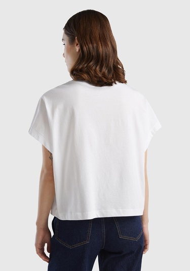  Kadın Beyaz %100 Pamuk Kimono Kollu Bisiklet Yaka T-Shirt