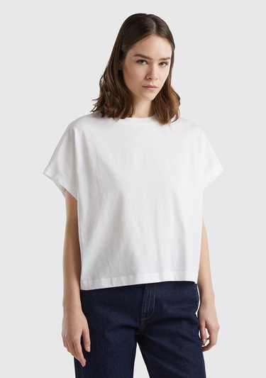  Kadın Beyaz %100 Pamuk Kimono Kollu Bisiklet Yaka T-Shirt