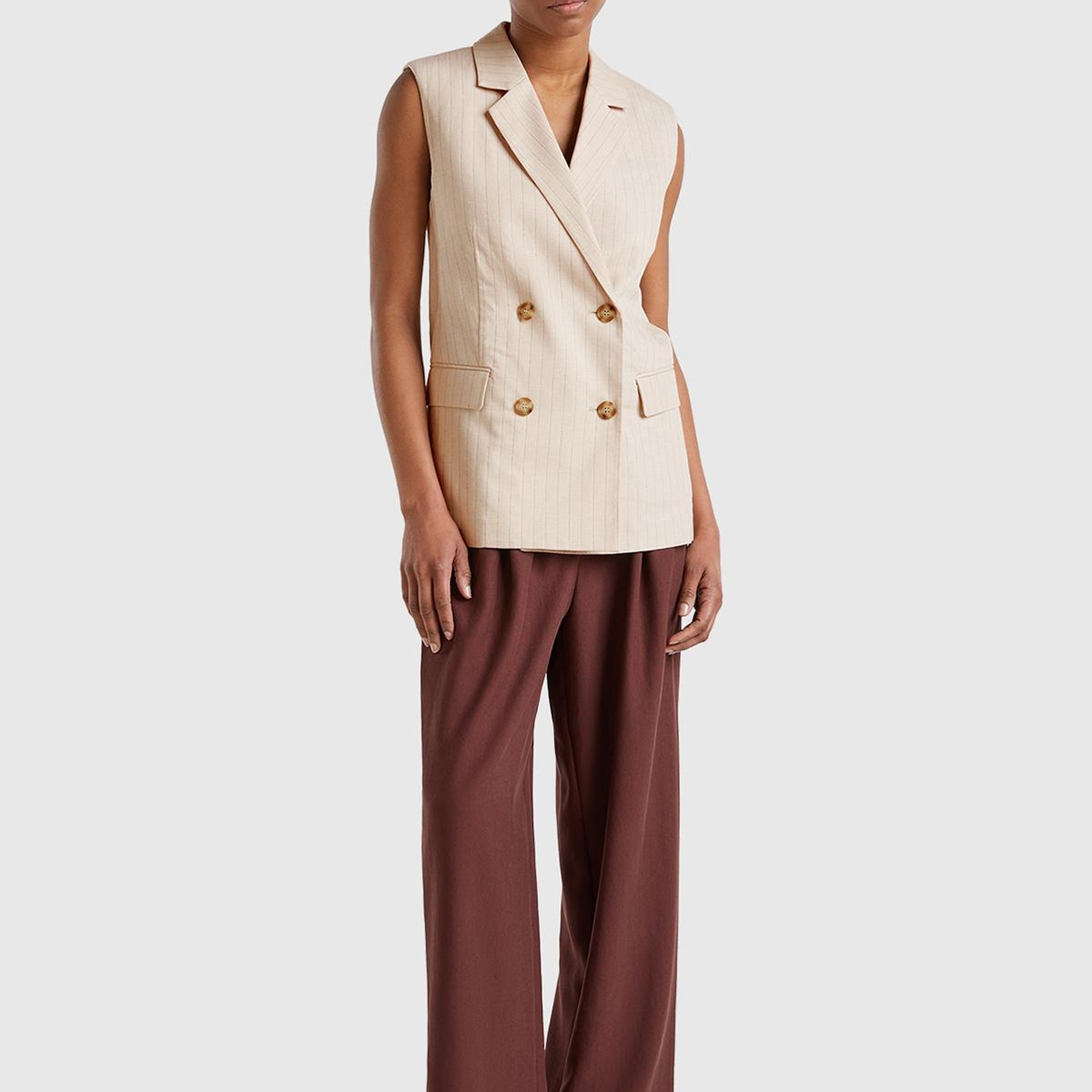 Kadın Bej Pamuk ve Keten Karışımlı İnce Çizgili Cepli Kruvaze Yelek