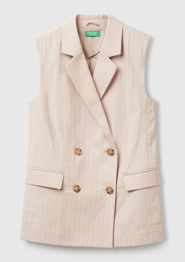  Kadın Bej Pamuk ve Keten Karışımlı İnce Çizgili Cepli Kruvaze Yelek