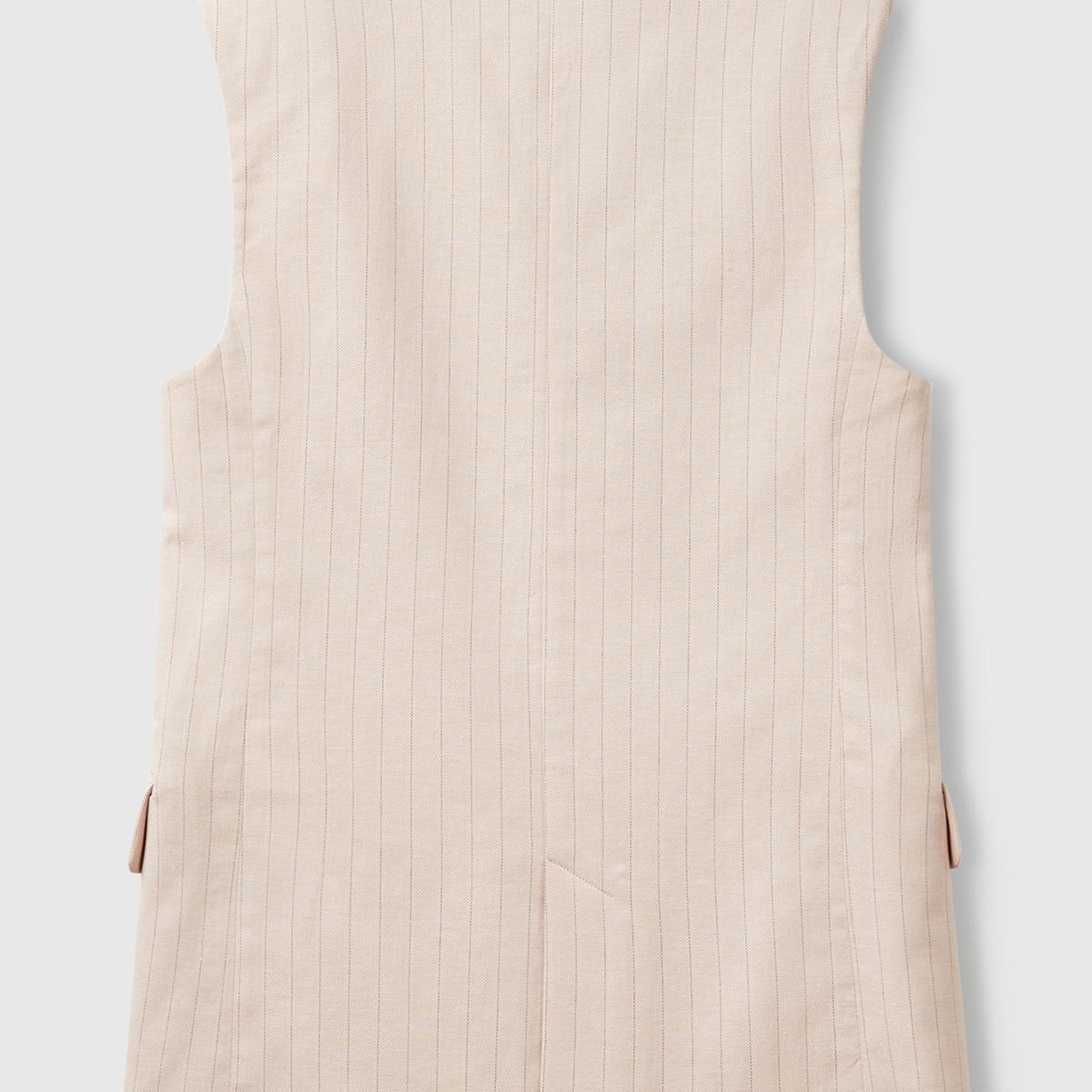 Kadın Bej Pamuk ve Keten Karışımlı İnce Çizgili Cepli Kruvaze Yelek