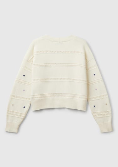  Kadın Krem %100 Pamuk Çiçek İşlemeli Nervür Detaylı Düşük Omuzlu Hırka