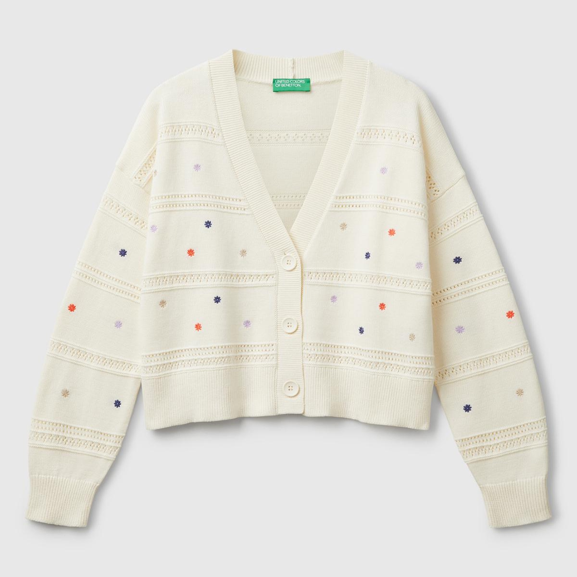 Kadın Krem %100 Pamuk Çiçek İşlemeli Nervür Detaylı Düşük Omuzlu Hırka