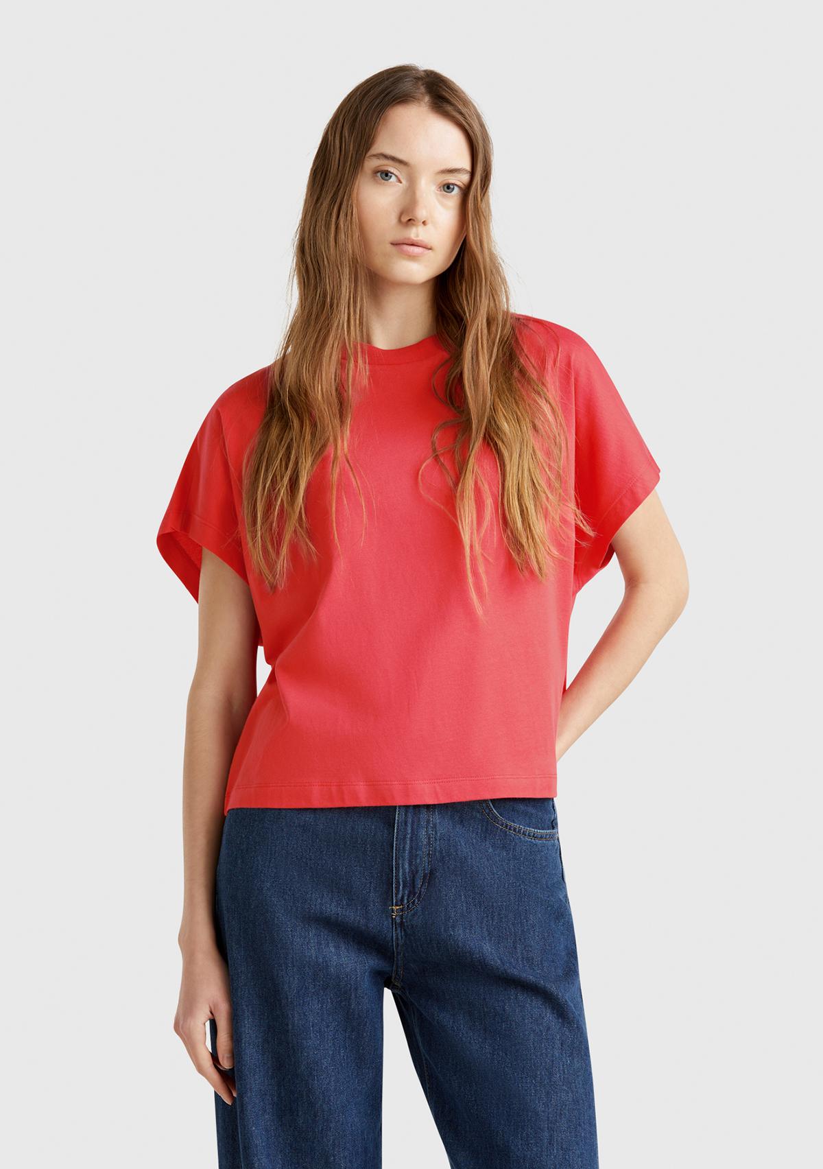  Kadın Mercan %100 Pamuk Kimono Kollu Bisiklet Yaka T-Shirt