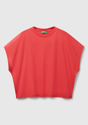  Kadın Mercan %100 Pamuk Kimono Kollu Bisiklet Yaka T-Shirt