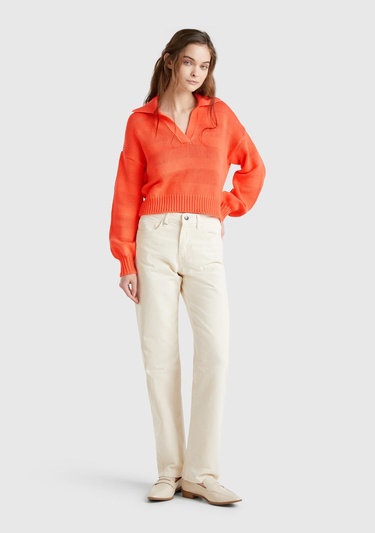  Kadın Turuncu %100 Pamuk Şerit Efektli Relax Fit Polo Yaka Kazak