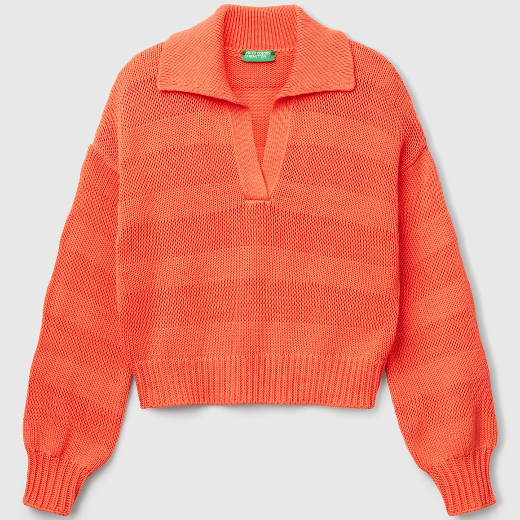 Kadın Turuncu %100 Pamuk Şerit Efektli Relax Fit Polo Yaka Kazak