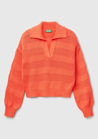  Kadın Turuncu %100 Pamuk Şerit Efektli Relax Fit Polo Yaka Kazak