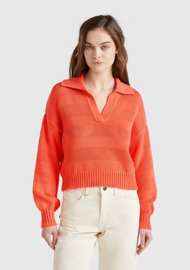  Kadın Turuncu %100 Pamuk Şerit Efektli Relax Fit Polo Yaka Kazak