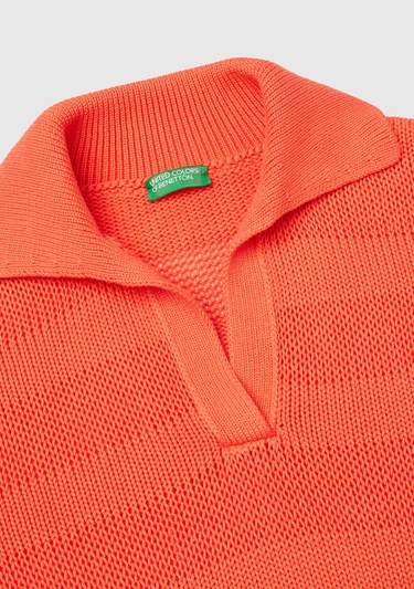  Kadın Turuncu %100 Pamuk Şerit Efektli Relax Fit Polo Yaka Kazak