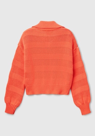  Kadın Turuncu %100 Pamuk Şerit Efektli Relax Fit Polo Yaka Kazak