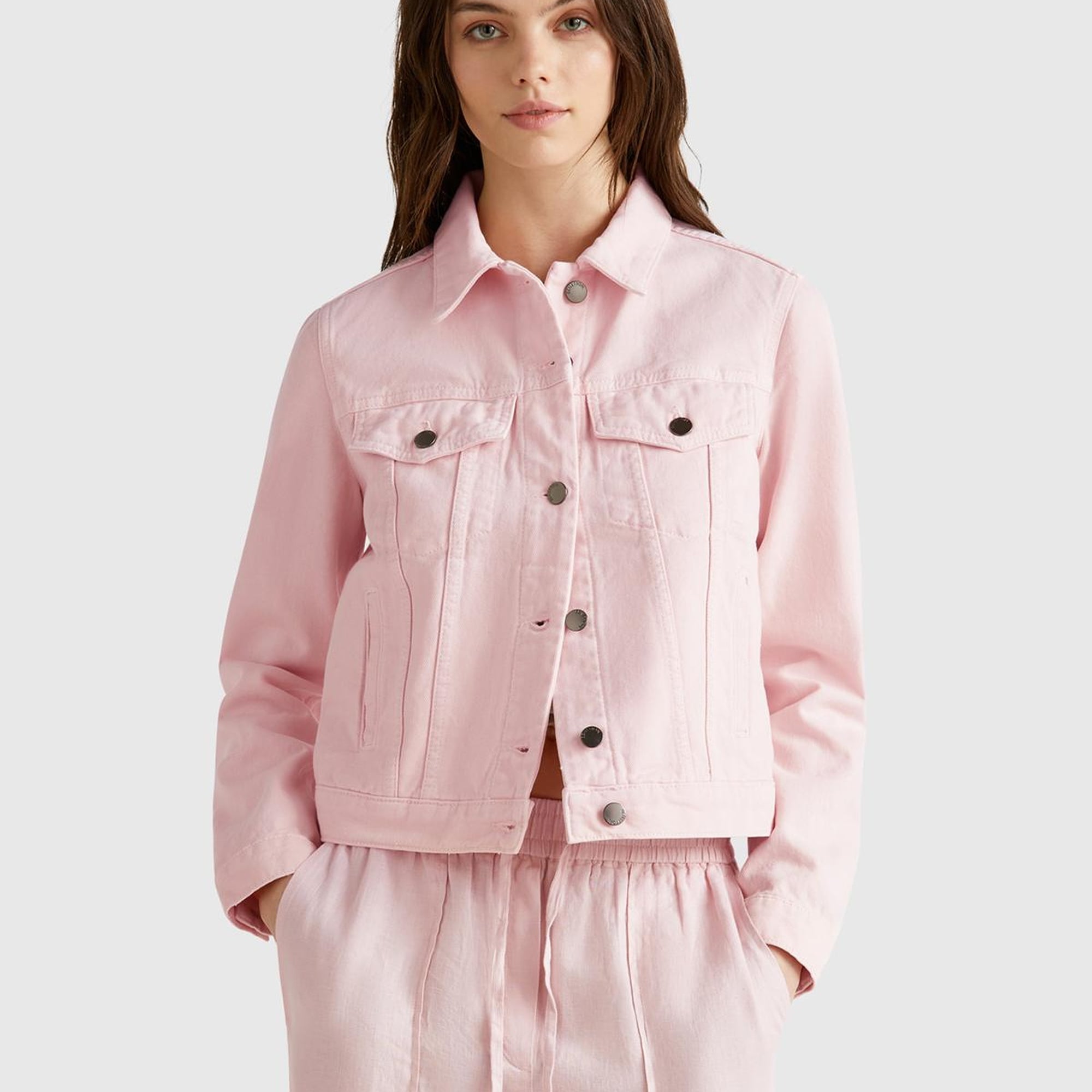 Kadın Pembe %100 Pamuk Yanları Cepli Straight Fit Denim Ceket