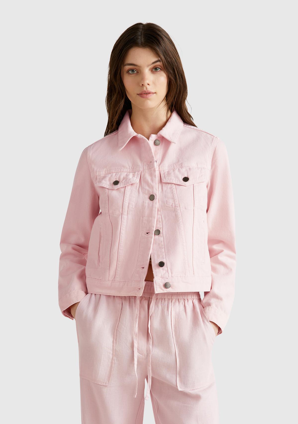  Kadın Pembe %100 Pamuk Yanları Cepli Straight Fit Denim Ceket