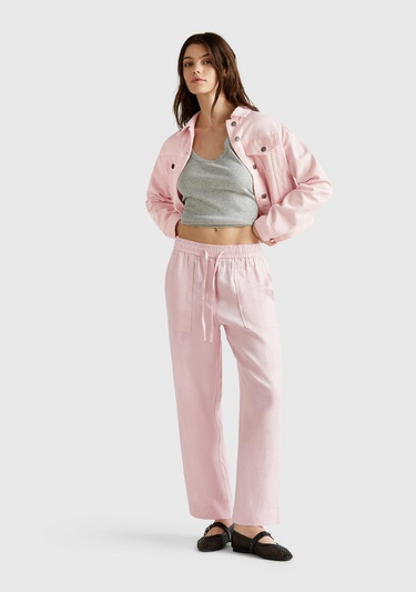  Kadın Pembe %100 Pamuk Yanları Cepli Straight Fit Denim Ceket