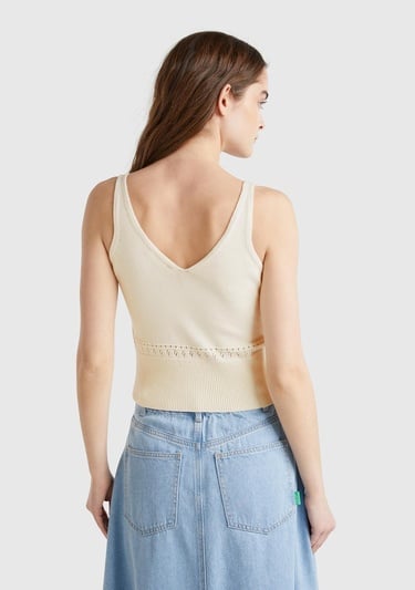  Kadın Krem %100 Pamuk Çiçek İşlemeli Göğsü Büzgülü Regular Fit Triko Atlet