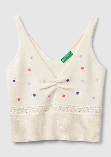  Kadın Krem %100 Pamuk Çiçek İşlemeli Göğsü Büzgülü Regular Fit Triko Atlet