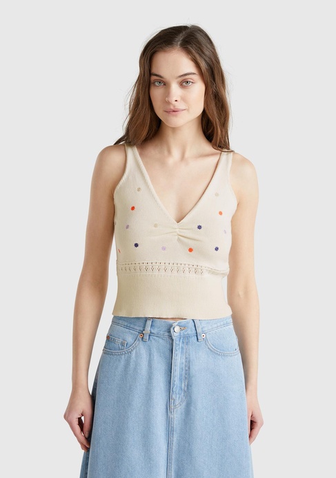  Kadın Krem %100 Pamuk Çiçek İşlemeli Göğsü Büzgülü Regular Fit Triko Atlet