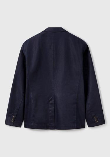  Erkek Lacivert Keten Karışımlı Biyeli Cep Detaylı Çift Düğmeli Blazer Ceket