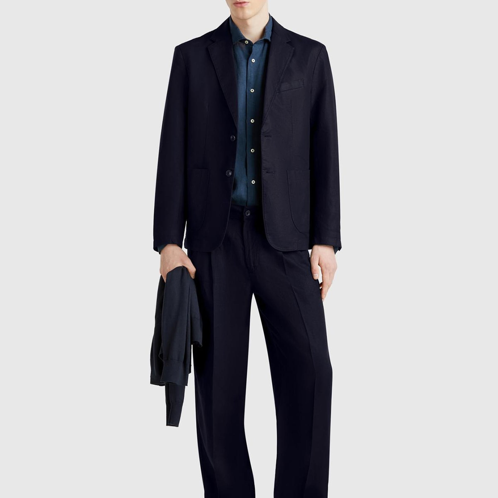 Erkek Lacivert Keten Karışımlı Biyeli Cep Detaylı Çift Düğmeli Blazer Ceket