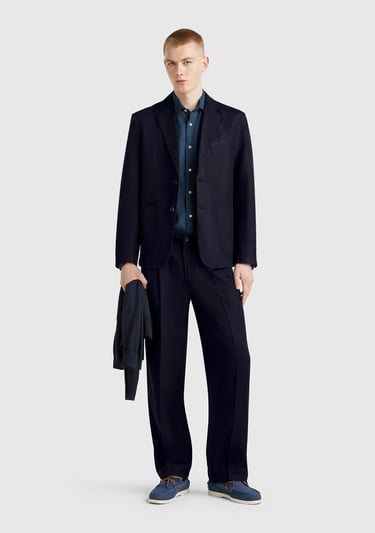  Erkek Lacivert Keten Karışımlı Biyeli Cep Detaylı Çift Düğmeli Blazer Ceket