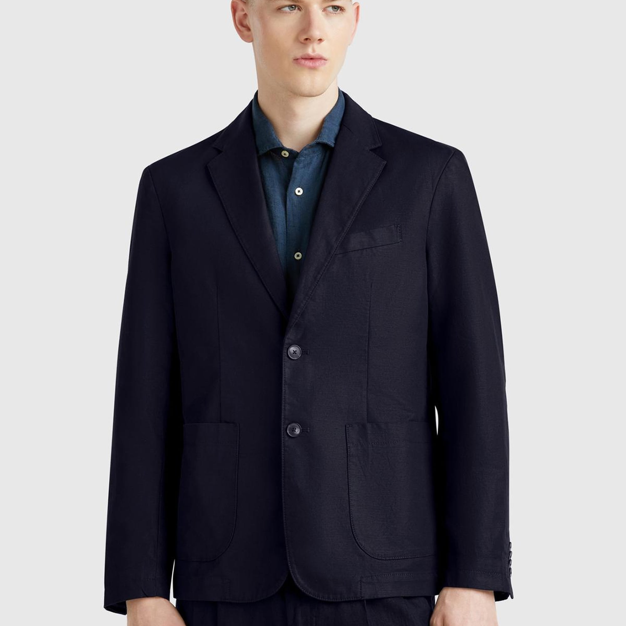 Erkek Lacivert Keten Karışımlı Biyeli Cep Detaylı Çift Düğmeli Blazer Ceket