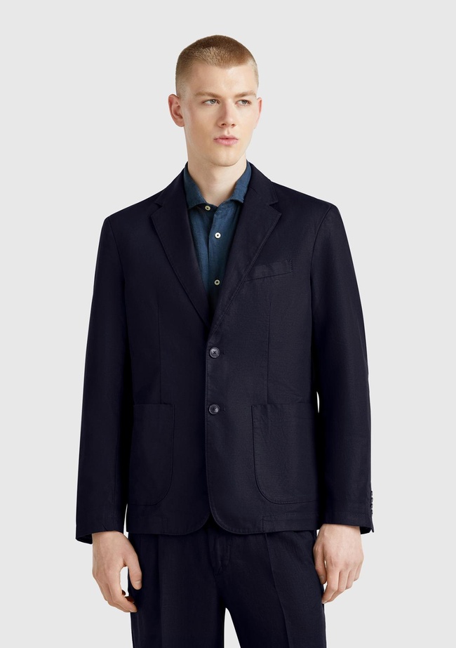  Erkek Lacivert Keten Karışımlı Biyeli Cep Detaylı Çift Düğmeli Blazer Ceket