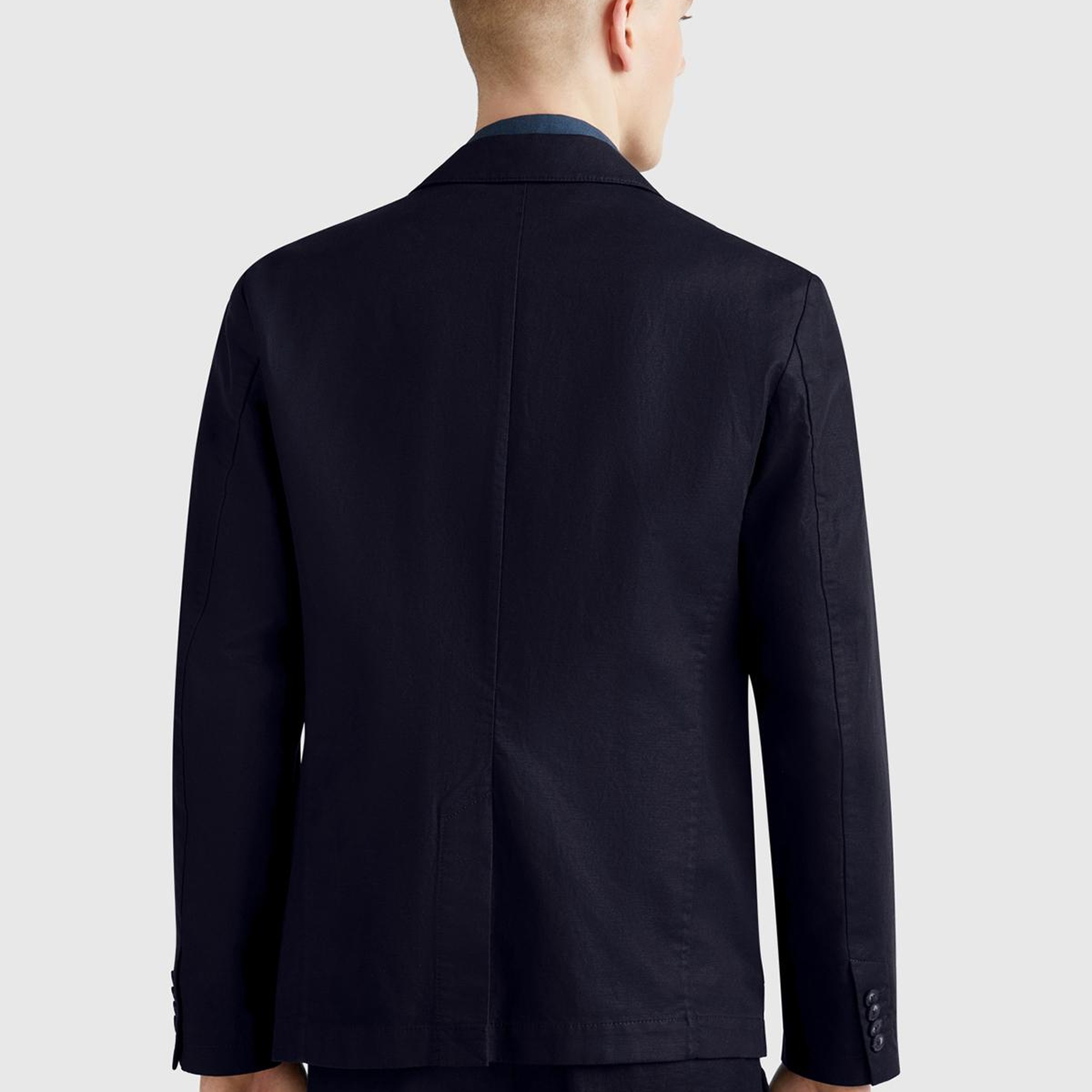 Erkek Lacivert Keten Karışımlı Biyeli Cep Detaylı Çift Düğmeli Blazer Ceket