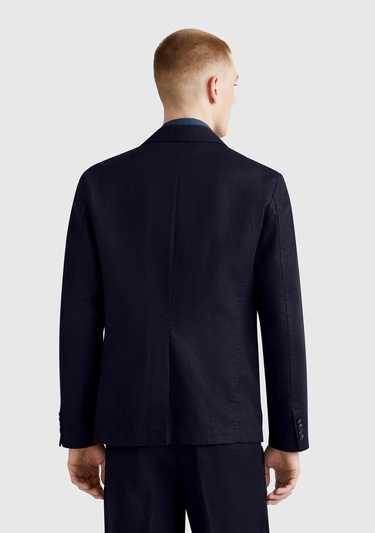  Erkek Lacivert Keten Karışımlı Biyeli Cep Detaylı Çift Düğmeli Blazer Ceket