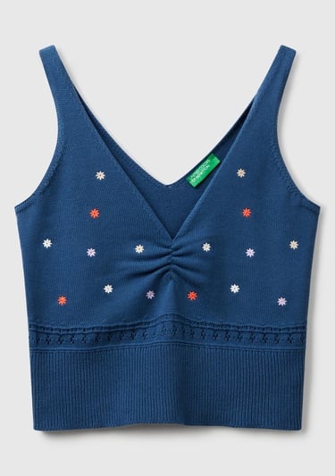  Kadın Denim %100 Pamuk Çiçek İşlemeli Göğsü Büzgülü Regular Fit Triko Atlet