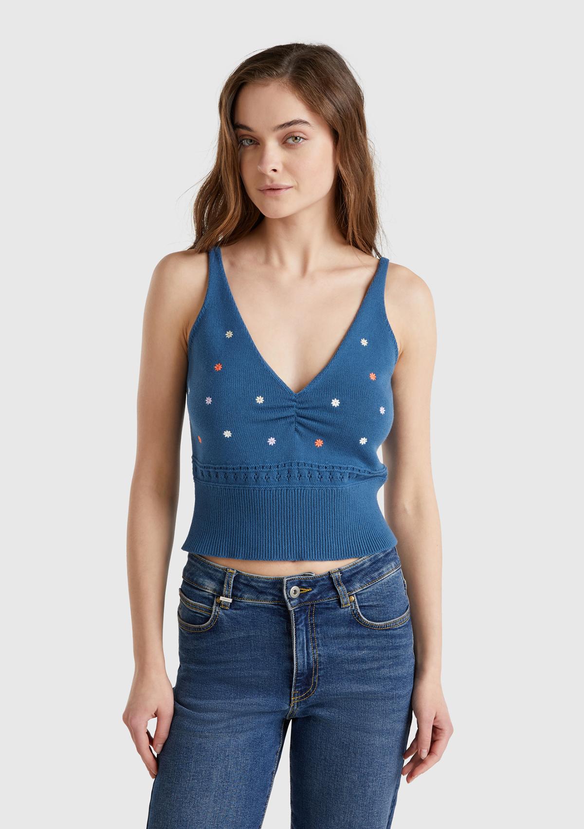  Kadın Denim %100 Pamuk Çiçek İşlemeli Göğsü Büzgülü Regular Fit Triko Atlet