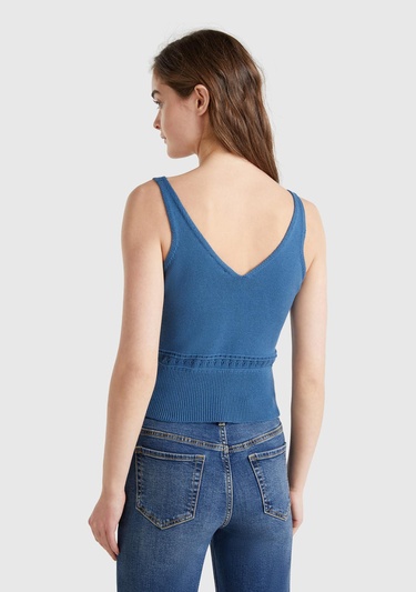  Kadın Denim %100 Pamuk Çiçek İşlemeli Göğsü Büzgülü Regular Fit Triko Atlet