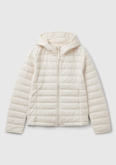  Kadın Krem Polyester Dolgulu Feramuarlı Kapüşonlu Slim Fit Puffer Mont