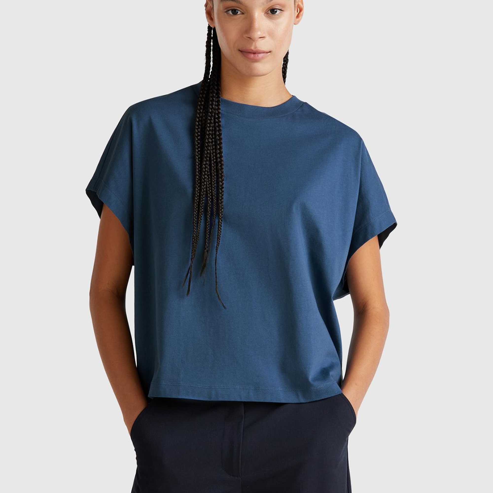 Kadın Denim %100 Pamuk Kimono Kollu Bisiklet Yaka T-Shirt