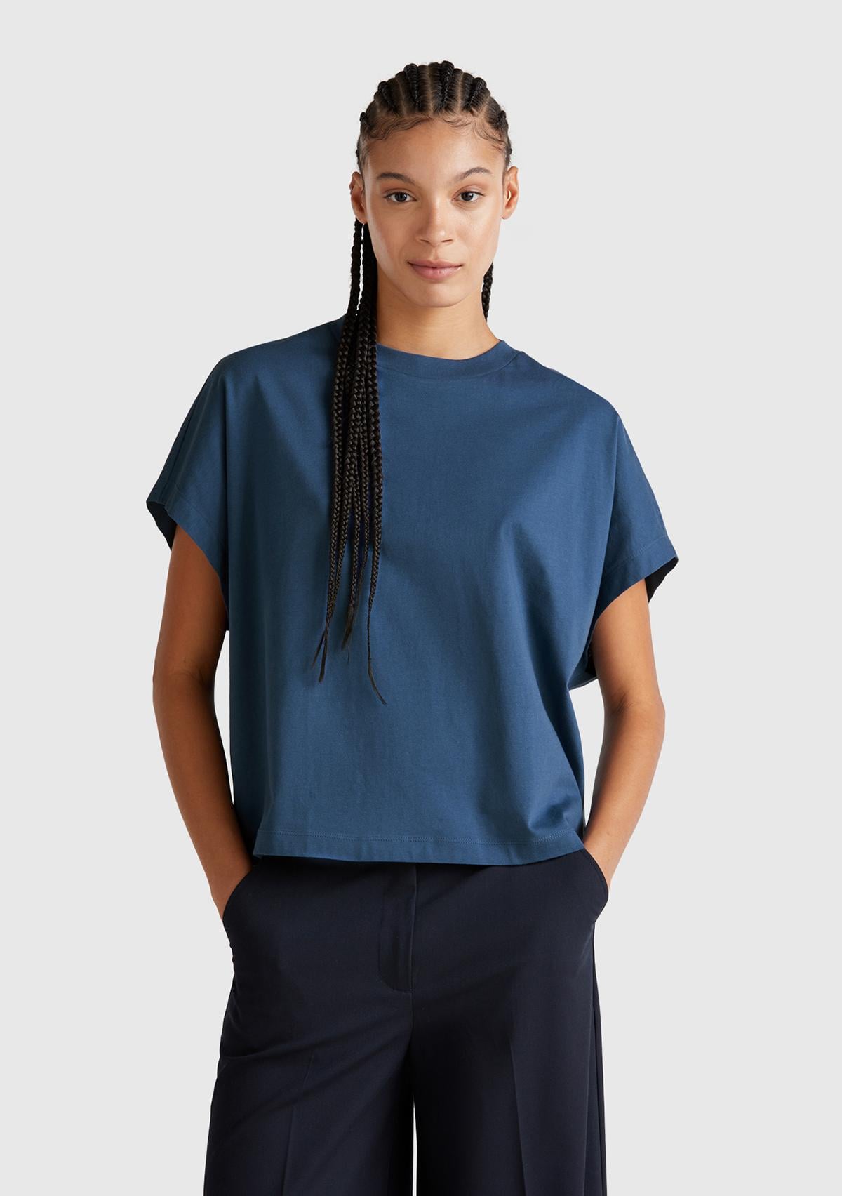  Kadın Denim %100 Pamuk Kimono Kollu Bisiklet Yaka T-Shirt