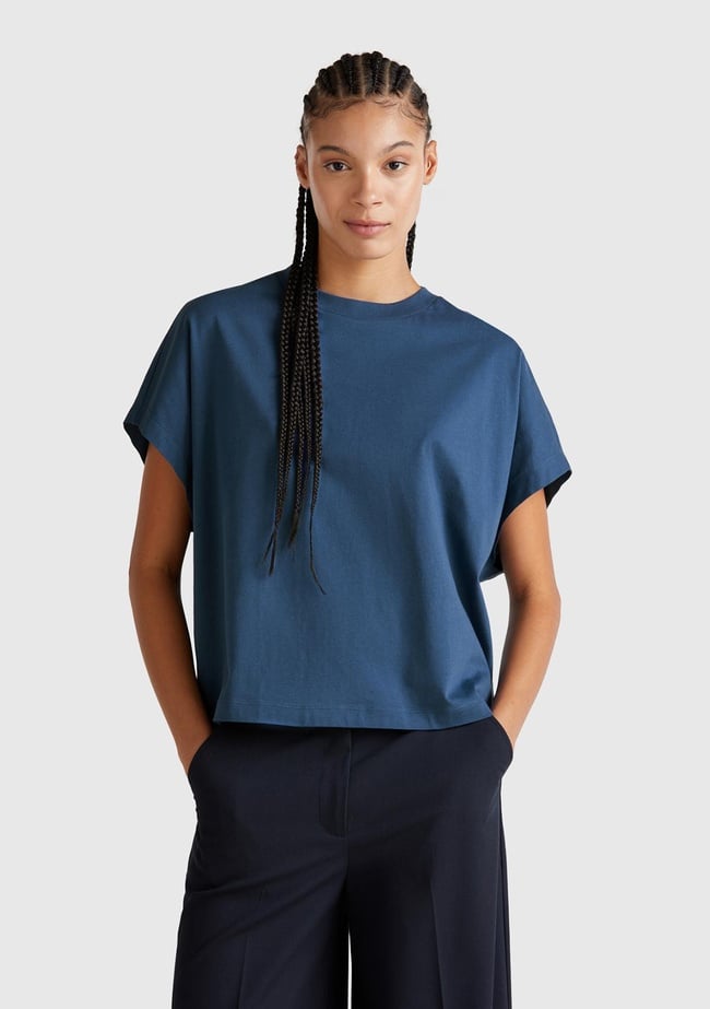  Kadın Denim %100 Pamuk Kimono Kollu Bisiklet Yaka T-Shirt