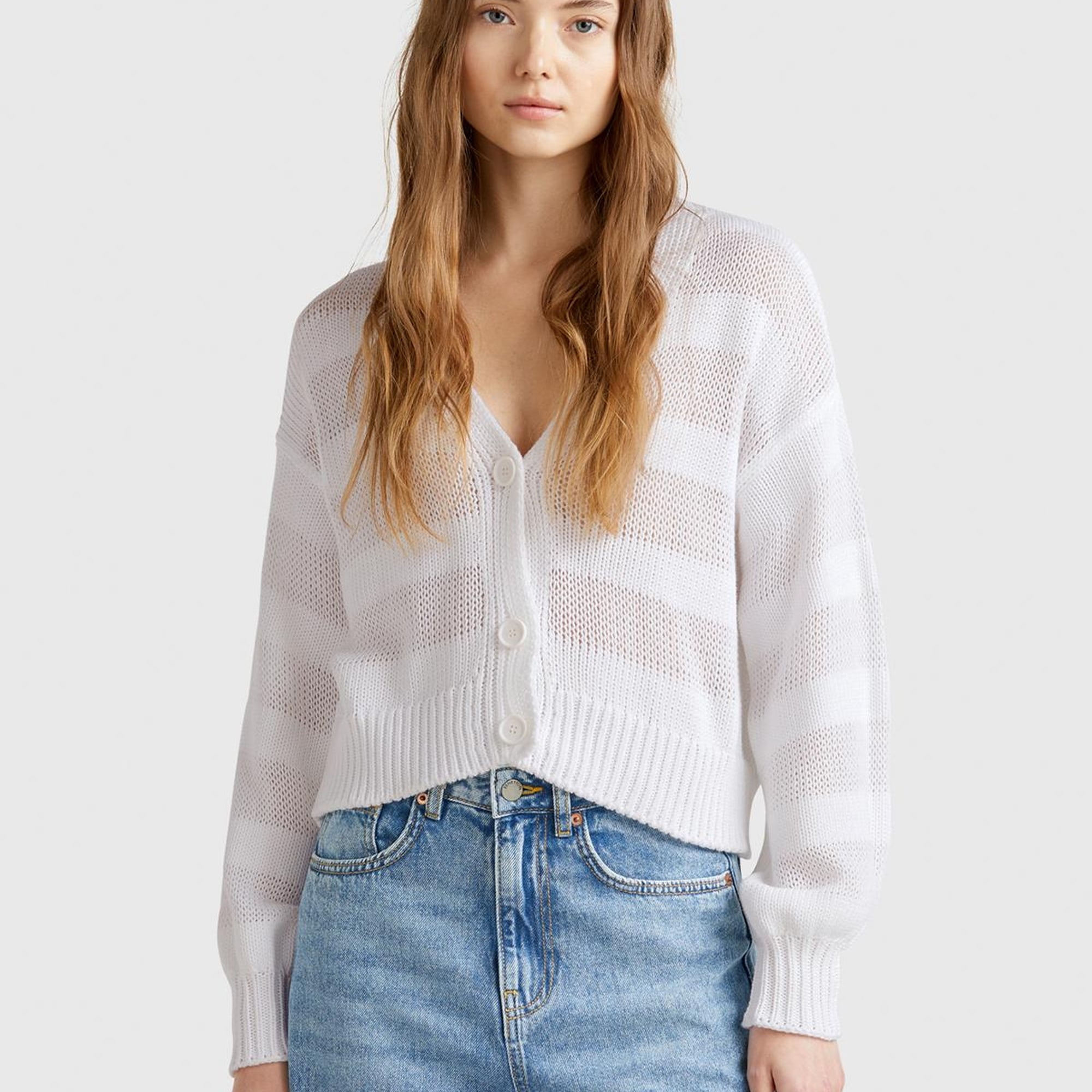 Kadın Beyaz %100 Pamuk Şerit Efektli Düşük Omuzlu Örme Relax Fit Hırka